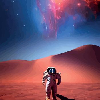 Astronaut explores space being desert mars. Astronaut space suit performing extra-cosmic activity space against stars and planets background. Human space flight.