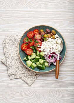 Greek salad with vegetables and feta cheese from above