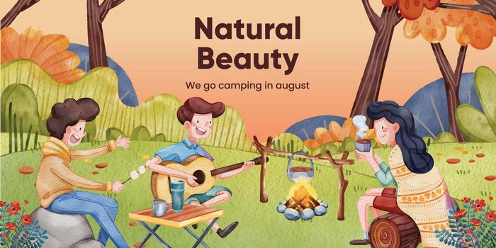 Blog header template with autumn camping picnic concept,watercolor style