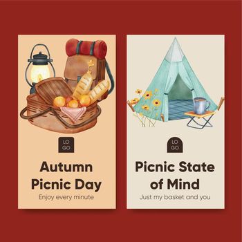 Instagram template with autumn camping picnic concept,watercolor style