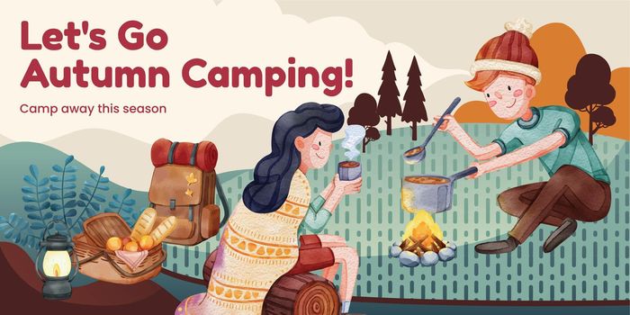 Blog header template with autumn camping picnic concept,watercolor style
