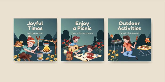 Banner template with autumn camping picnic concept,watercolor style