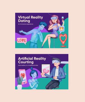 Facebook template with VR Dating concept,watercolor style
