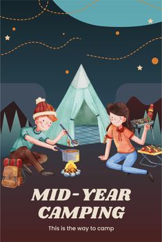 Poster template with autumn camping picnic concept,watercolor style