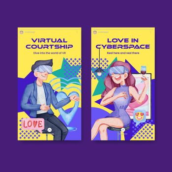 Instagram template with VR Dating concept,watercolor style