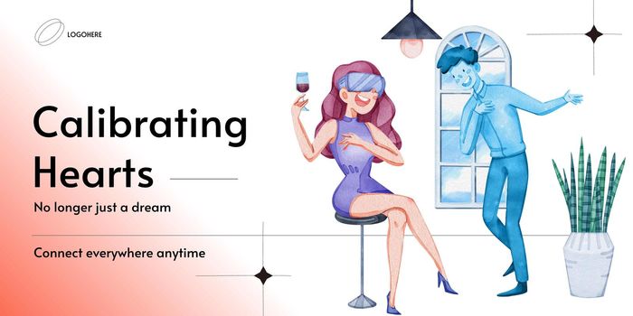 Blog header template with VR Dating concept,watercolor style
