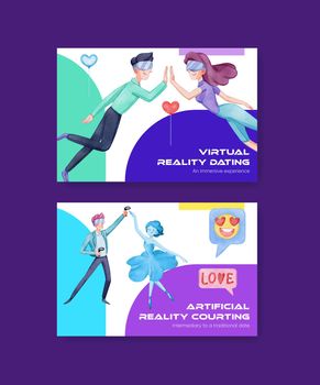 Facebook template with VR Dating concept,watercolor style