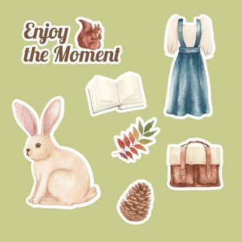 Sticker template with autumn outfit woodland life concept,watercolor style