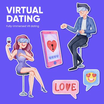 Sticker template with VR Dating concept,watercolor style