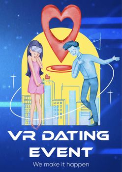 Poster template with VR Dating concept,watercolor style