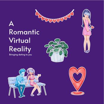 Sticker template with VR Dating concept,watercolor style
