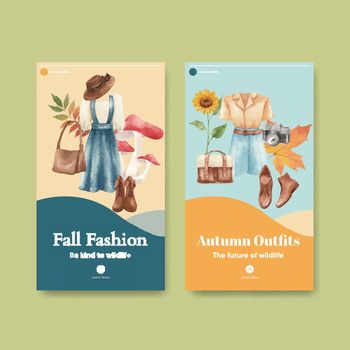 Instagram template with autumn outfit woodland life concept,watercolor style