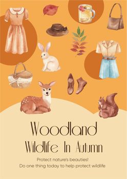 Poster template with autumn outfit woodland life concept,watercolor style
