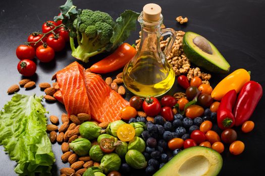 Healthy diet and nutrition food rich in vitamins and omega-3 concept