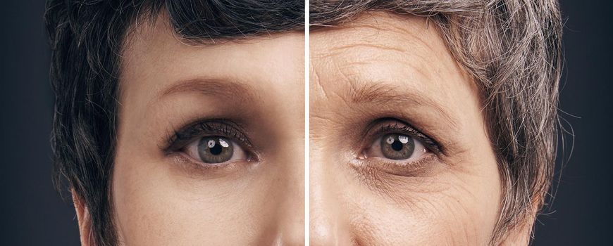 Aging gracefully. A split image of a young woman and older woman.