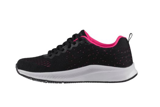 Black sneaker made of fabric with pink inserts with a white sole on a white background.