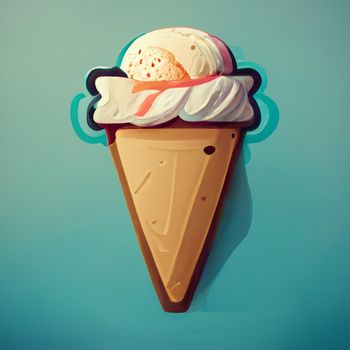 Ice cream balls in the waffle cone on blue vintage background. Digital generated  icon.