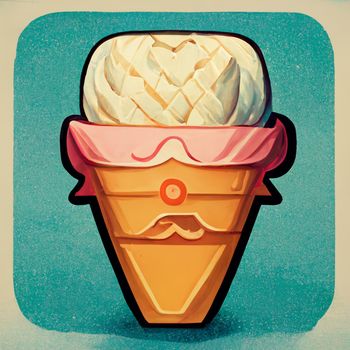 Ice cream balls in the waffle cone on blue vintage background. Digital generated  icon. 