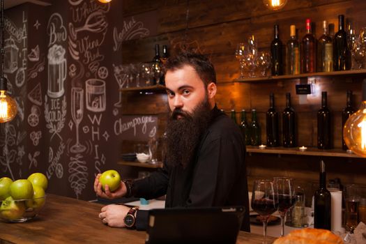 Stylish bearded bartender in a shirt at the bar counter background.