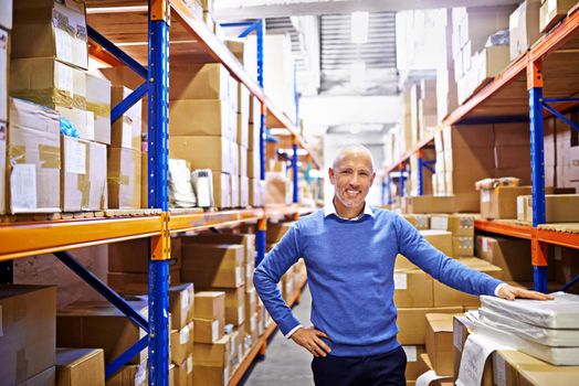 Everything in its right place. Portrait of a mature man working inside in a distribution warehouse.