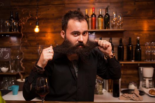 Attractive bartender playing with his long beard behind the counter.