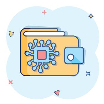 Digital wallet icon in comic style. Crypto bag vector cartoon illustration pictogram. Online finance, e-commerce business concept splash effect.