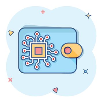 Digital wallet icon in comic style. Crypto bag vector cartoon illustration pictogram. Online finance, e-commerce business concept splash effect.