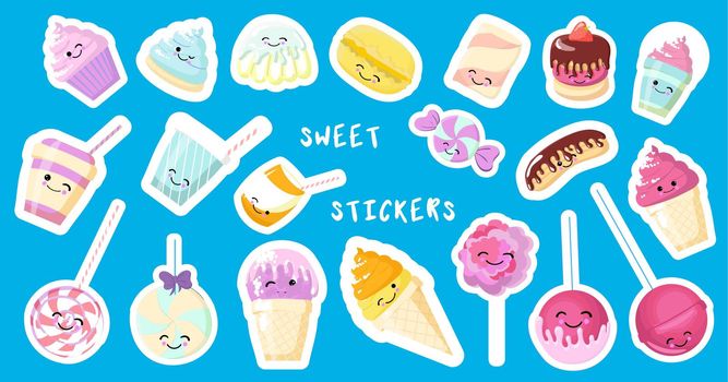 Sticker with inscription So cute. Ice cream, candy, cap with coffee, soda, cupcake, macarons.
