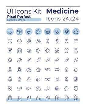Medicine related pixel perfect linear ui icons set