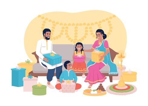 Exchange gifts tradition on Diwali 2D vector isolated illustration