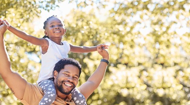 Happy, playful and fun father and girl in their backyard on a sunny day. Portrait of energetic dad playing and bonding with his child. African family smile and spend time together on the weekend
