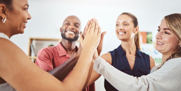 High five, business teamwork and global success with black man, women and creative collaboration. Smile, happy and excited people, worker and employee in diversity office with b2b sales deal support