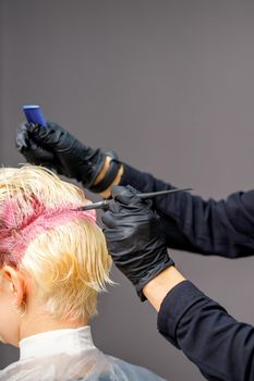Hairdresser colors female blonde hair in pink color at a beauty salon.
