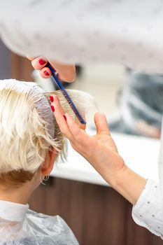 Female hairdresser styling short white hair of the young blonde woman with hands and comb in a hair salon.