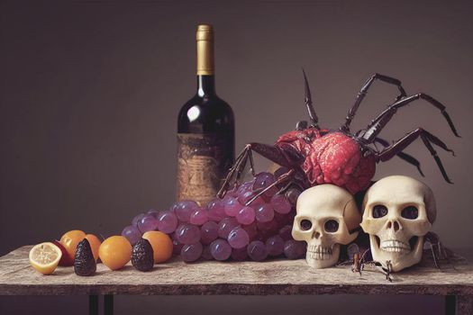 3D Render of skull and rotten food on antique table. Halloween concept