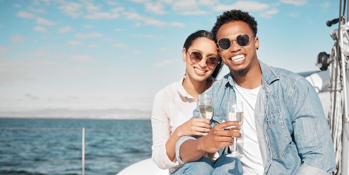 Couple with sunglasses on luxury yacht travel, champagne outdoor rich experience and ocean summer holiday. Young woman happy on vacation, man with rich smile and wealth lifestyle at sea together