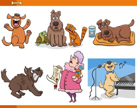 Cartoon illustration of funny dogs and pets comic animal characters set