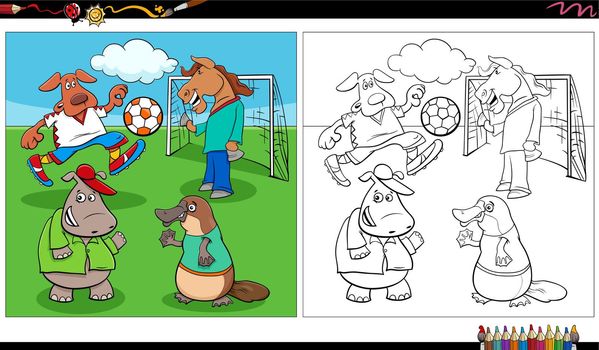 Cartoon illustration of animal characters group playing soccer coloring page
