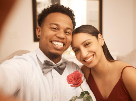 Selfie, smile and happy black man and woman on date in formal fashion excited for party or restaurant dinner. Portrait of African American couple in evening clothes smiling on romantic supper event