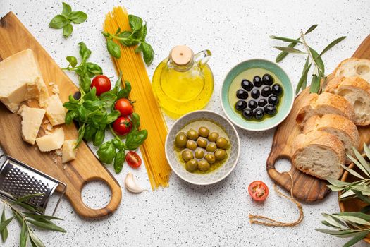 Ingredients and appetizers for Italian or mediterranean meal