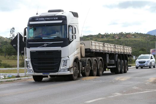 serra preta, bahia, brazil - september 13, 2022: truck traveling along the BA 052 highway in the city of Serra Preta.