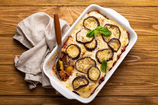 Greek baked dish Moussaka from above