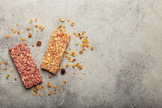 Healthy cereal granola bars from above copy space