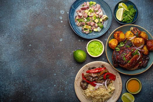 Traditional dishes of Peruvian cuisine from above copy space