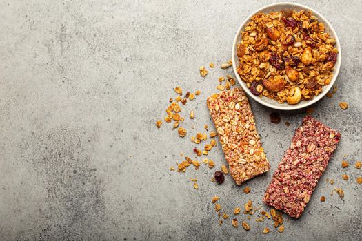 Healthy cereal granola bars from above copy space