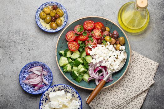 Greek salad with vegetables and feta cheese from above