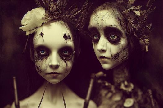 3D render of dolls in the gothic and creepy in halloween night. Digital illustration.