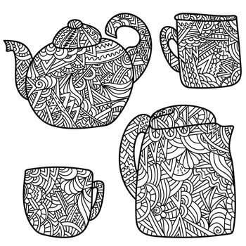 Zen teapots and cups, ornate crockery set for coloring page or decor