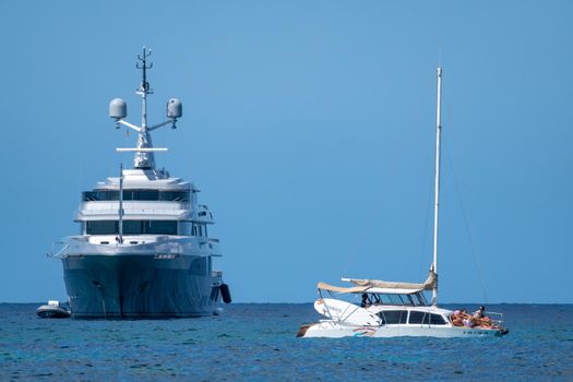 Grey yacht Regina d'Italia anchored in Formentera