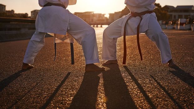 Ready for battle. Two sportspeople facing off and practicing their karate while wearing gi.